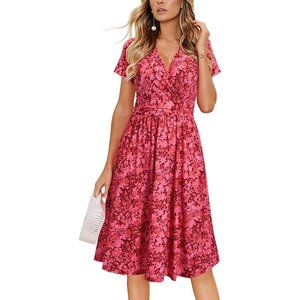 OUGES Women's Summer Short Sleeve V-Neck Floral Short Party Dress with Pockets